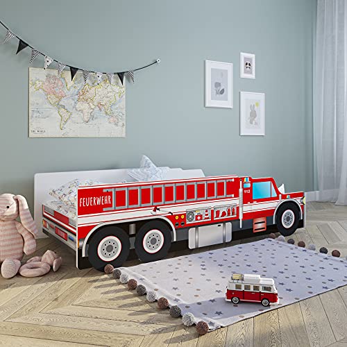 Kids Collective Autobett 80x160 cm Spielbett Kinderbett mit Rausfallschutz und Lattenrost 80 x 160 Feuerwehr Auto Bett Kinder Wagen von Kids Collective