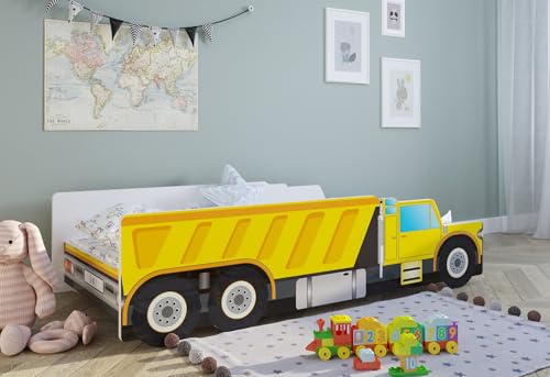 Kids Collective Autobett Kinderbett Jugendbett 70x140 | 80x160 mit Rausfallschutz Matratze optional | Baustelle Bagger Kran Kipplader Kinder Spielbett | von Geburt bis 6. Lebensjahr von Kids Collective