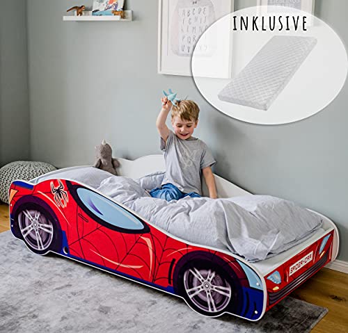 Kids Collective Autobett Kinderbett Jugendbett 70x140 | 80x160 mit Rausfallschutz & Matratze | Kinder Spielbett Rennfahrer von Kids Collective