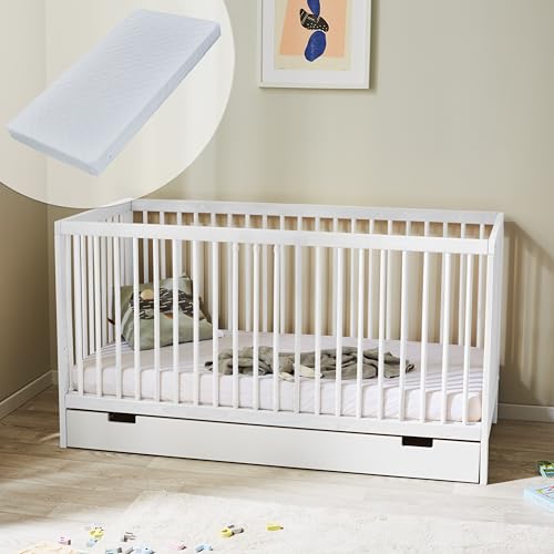 Babybett Kinderbett Gitterbett 70x140 höhenverstellbar & herausnehmbare Sprossen, mit Schublade und Matratze | Buchenholz Weiss sehr stabil Made in Europe | von Geburt bis 6. Lebensjahr Babybett Kinderbett Gitterbett 70x140 höhenverstellbar & herausnehmbare Sprossen, mit Schublade und Matratze | Buchenholz Weiss sehr stabil Made in Europe | von Geburt bis 6. Lebensjahr von Kids Collective