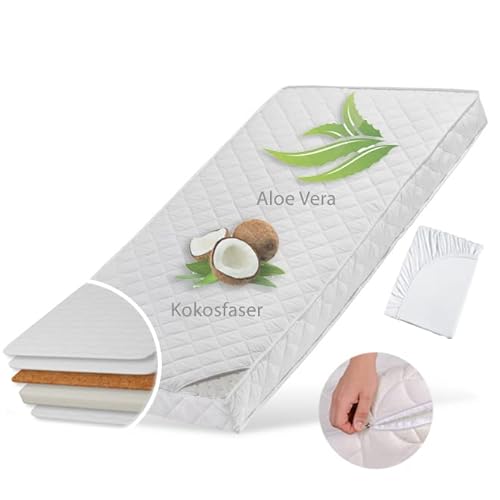 Babymatratze 60x120 cm KOKOS mit gestepptem Aloe Vera-Bezug, Spannbettlaken, 10 cm hoch, Babymatratze Kindermatratze 60 x 120 Kokos-Matratze für Babybett oder Kinderbett, Körpergewicht bis 60kg von Kids Collective