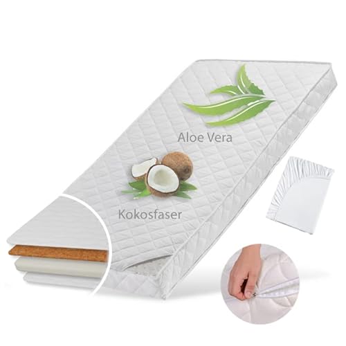 Babymatratze 70x140 cm KOKOS mit gestepptem Aloe Vera-Bezug, Spannbettlaken, 10 cm hoch, Babymatratze Kindermatratze 70 x 140 Kokos-Matratze für Babybett oder Kinderbett, Körpergewicht bis 60kg von Kids Collective