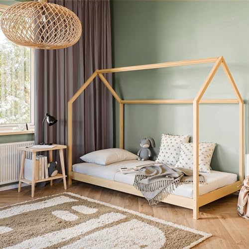 Hausbett Kinderbett 90x200 cm Bett mit Lattenrost Bed Kinder Jugendbett Einzelbett Spielbett Bodenbett Hausbett Himmel optional mit Matratze | Natur Kiefer Holz massiv Junge Mädchen 200x90 cm von Kids Collective