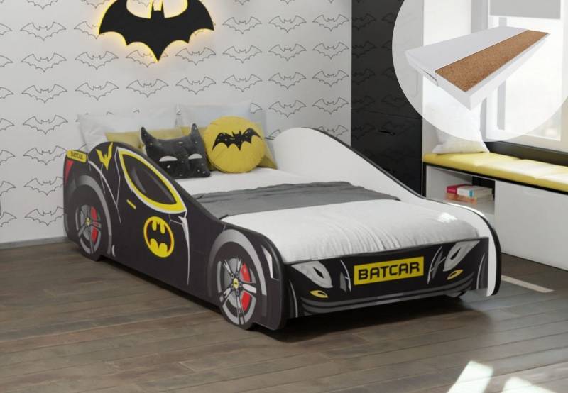 Kids Collective Autobett 70x140, 80x160 cm Kinderbett Jugendbett mit Rausfallschutz (Spielbett Batman Batmobil Bat Car Auto), Bett in schwarz Kinderbett 70x140 cm mit Matratze von Kids Collective