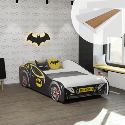 Kids Collective Autobett 70x140 cm Kinderbett Jugendbett mit Rausfallschutz & Matratze | Kinder Spielbett Batman Batmobil Bat Car Auto Bett in schwarz | von Geburt bis 6. Lebensjahr von Kids Collective