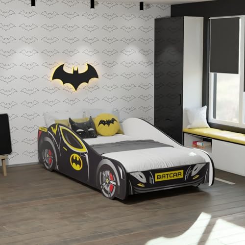 Kids Collective Autobett 80x160 cm Kinderbett Jugendbett mit Rausfallschutz | Kinder Spielbett Batman Batmobil Bat Car Auto Bett in schwarz optional mit Matratze | von 3. bis 10. Lebensjahr von Kids Collective