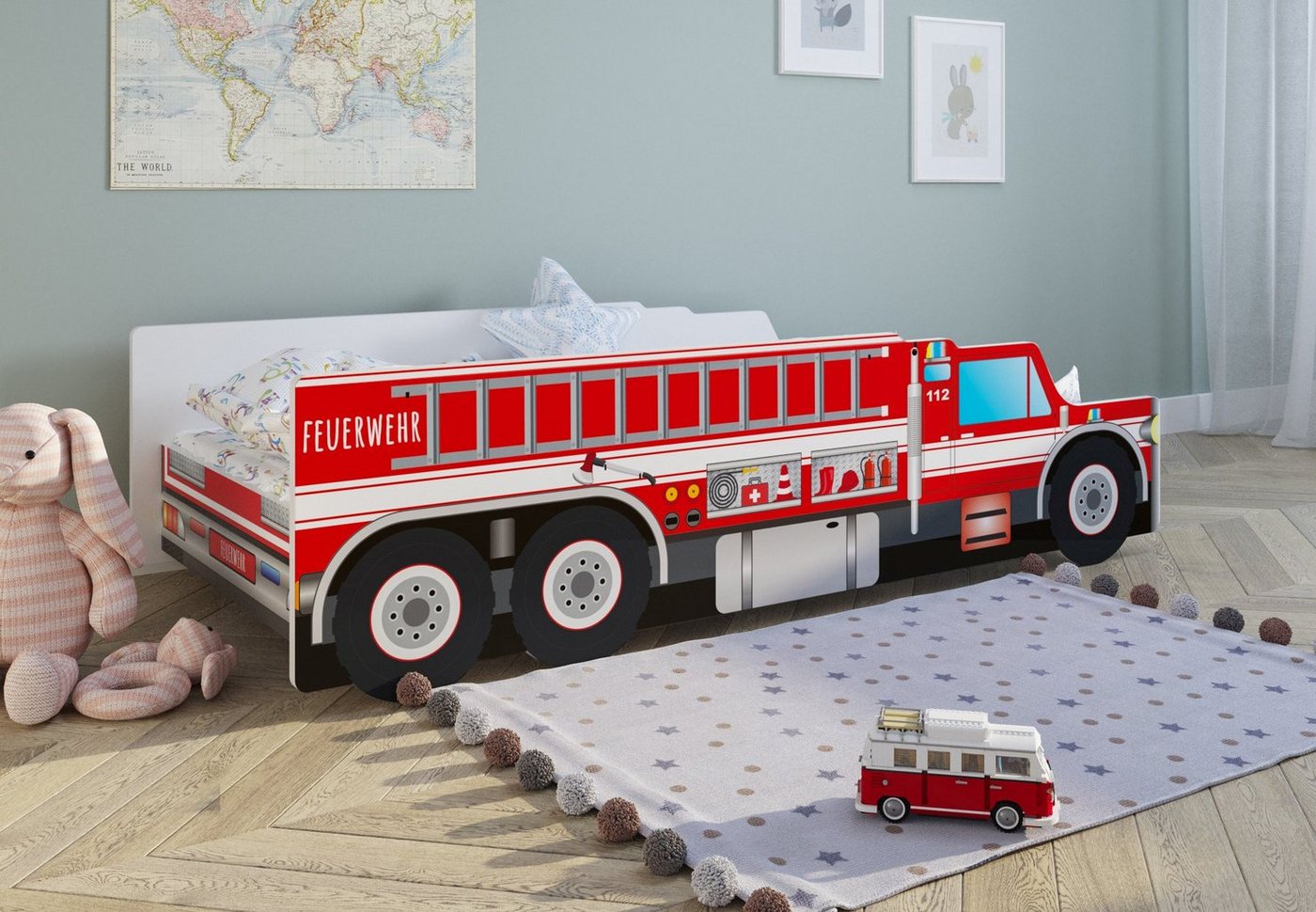 Kids Collective Autobett Kinderbett Jugendbett 70x140, 80x160 cm mit Rausfallschutz Feuerwehr, Feuerwehrauto Feuerwehrmann Kinder Spielbett, 140x70 cm von Kids Collective