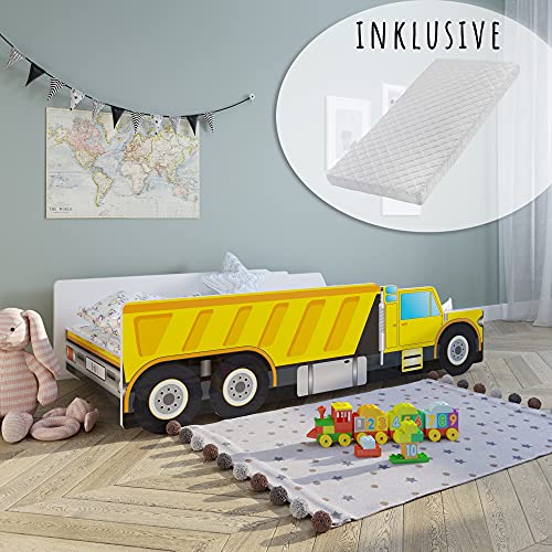 Kids Collective Autobett Kinderbett Jugendbett 70x140 | 80x160 mit Rausfallschutz & Matratze | Baustelle Bagger Kran Kipplader Kinder Spielbett | von Geburt bis 6. Lebensjahr von Kids Collective
