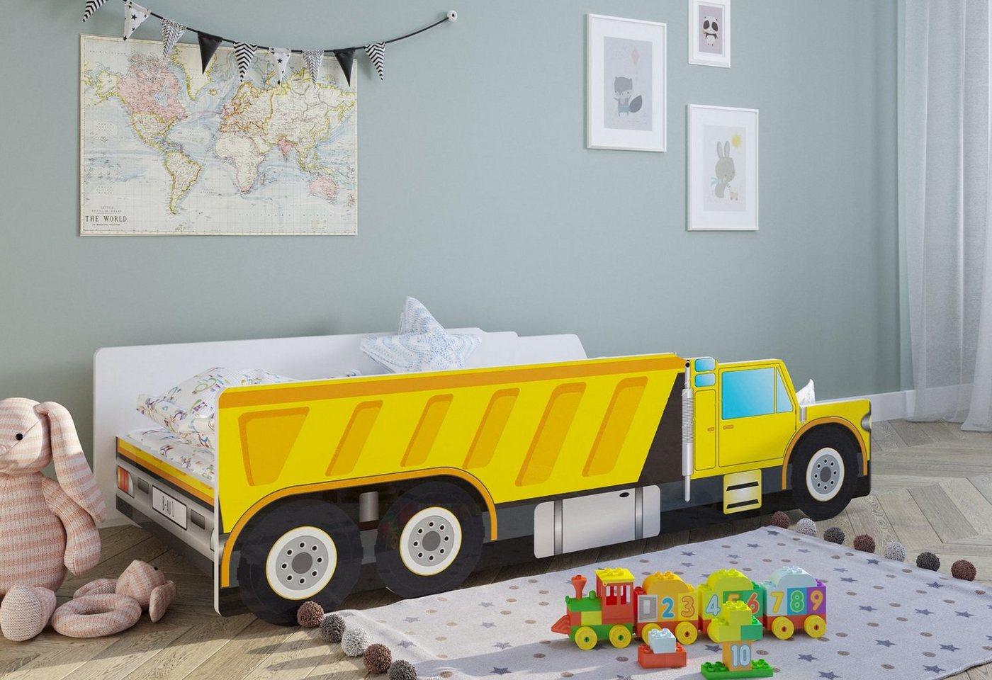 Kids Collective Autobett Kinderbett Jugendbett Baustelle in 70x140 80x160 mit Rausfallschutz, Matratze optional, Kinder Spielbett Baustelle, 180x60 cm von Kids Collective