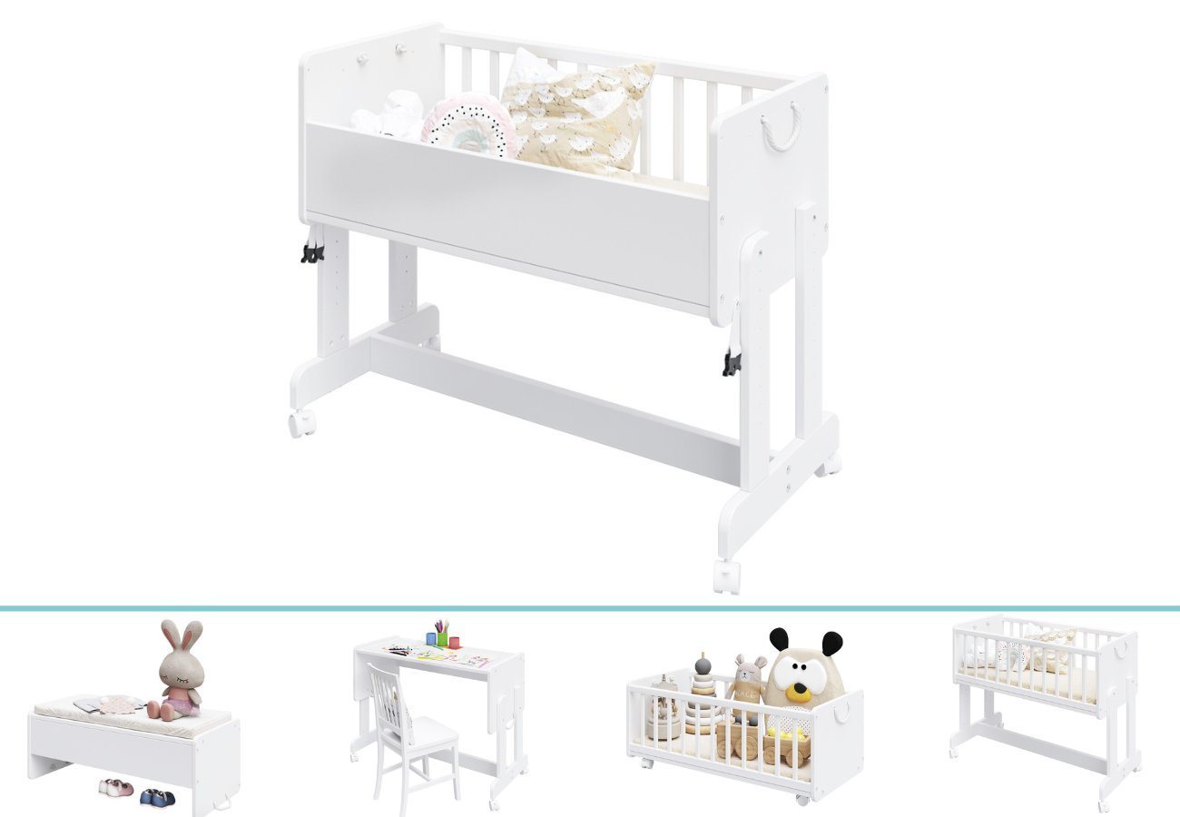 Kids Collective Beistellbett 90x40 cm Babybett Baby Bett mit Sicherheitsgurt für Elternbett, umbaubar zu höhenverstellbarem Schreibtisch Sitzbank Spielkiste von Kids Collective