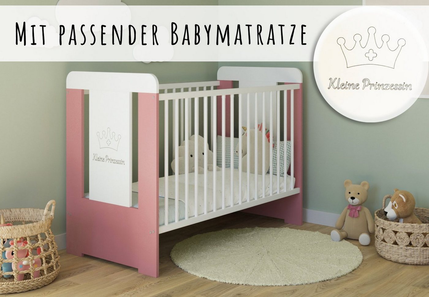 Kids Collective Babybett Gitterbett höhenverstellbar, herausnehmbare Sprossen, Kleine Prinzessin Gravur 60x120 weiss pink Mädchen, mit Matratze von Kids Collective