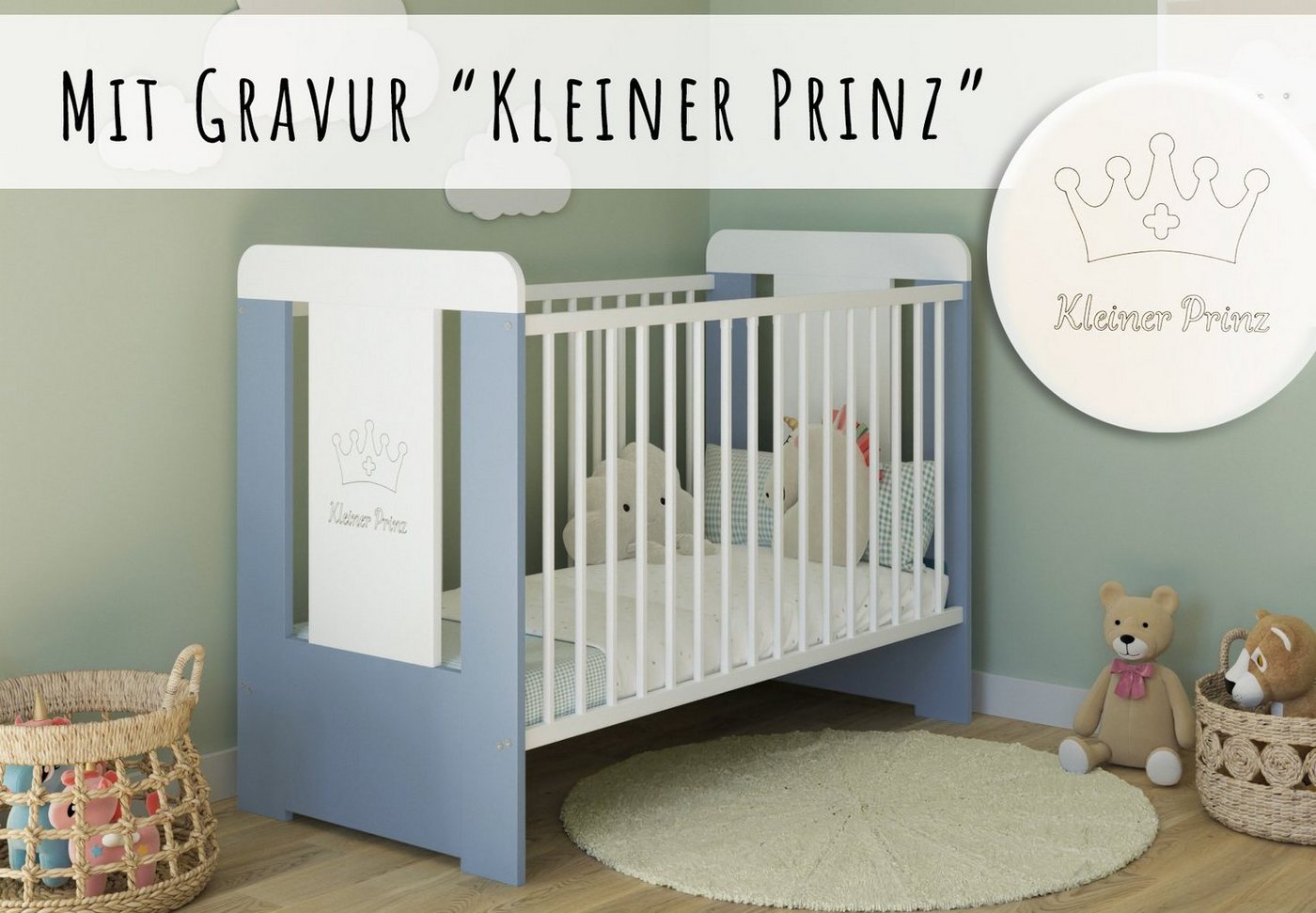 Kids Collective Babybett Gitterbett höhenverstellbar, herausnehmbare Sprossen, Kleiner Prinz Gravur 60x120 weiss Junge, optional mit Matratze von Kids Collective