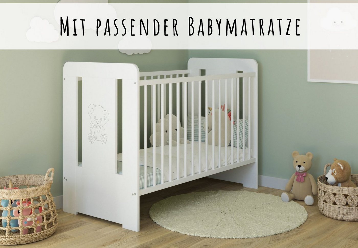 Kids Collective Babybett Gitterbett höhenverstellbar, herausnehmbare Sprossen, Teddybär Gravur 60x120 weiss, mit Matratze von Kids Collective