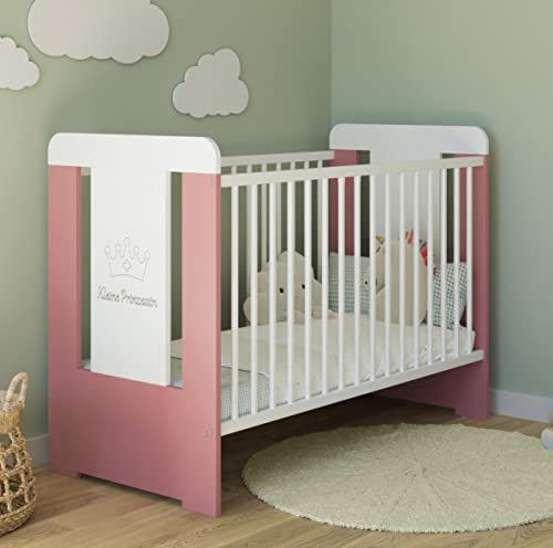 Kids Collective Babybett Gitterbett mit Kleine Prinzessin Gravur 60x120 höhenverstellbar | herausnehmbare Sprossen Weiss pink Mädchen Made in Europe von Kids Collective