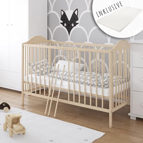 Kids Collective Babybett Gitterbett mit Matratze 60x120 höhenverstellbar | herausnehmbare Sprossen Stäbe Natur Made in Europe | von Geburt bis 3. Lebensjahr von Kids Collective
