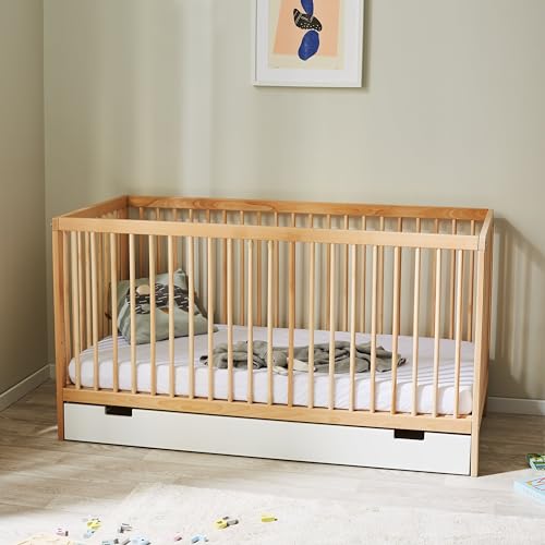 Kids Collective Babybett Kinderbett Gitterbett 60x120 höhenverstellbar & herausnehmbare Sprossen, Schublade | Buchenholz Natur sehr stabil Made in Europe | von Geburt bis 3. Lebensjahr von Kids Collective