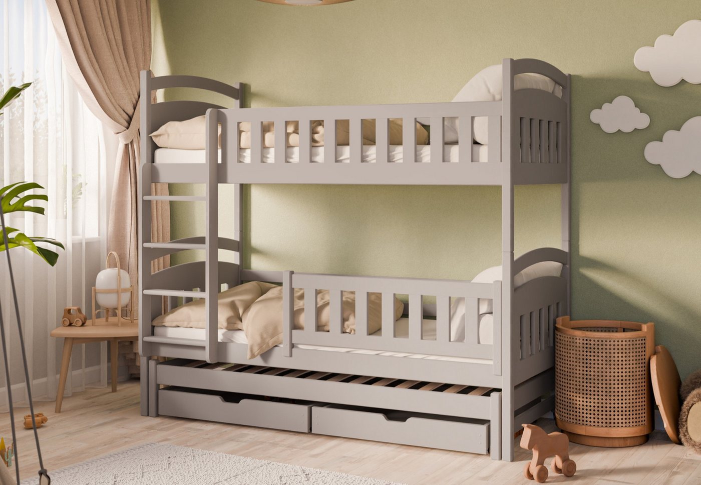 Kids Collective Etagenbett Hochbett Kinderbett 90x200 cm mit Lattenrost und Rausfallschutz, mit Ausziehbett, zwei Schubladen optional drei Matratzen, Kaschmir von Kids Collective