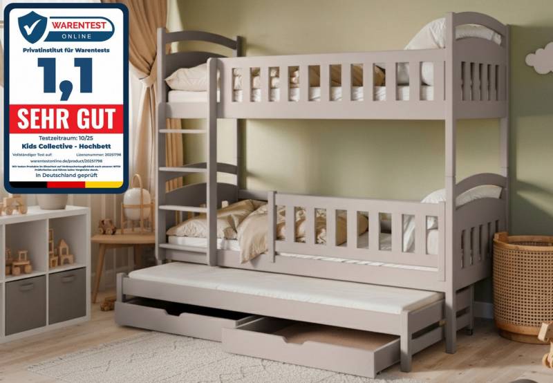 Kids Collective Etagenbett Hochbett Stockbett Kinderbett 90x200 cm mit Ausziehbett und Schubladen (mit drei Matratzen inklusive), Umbaubar zu 3 Einzelbetten mit Lattenrosten & Rausfallschutz, Kaschmir von Kids Collective
