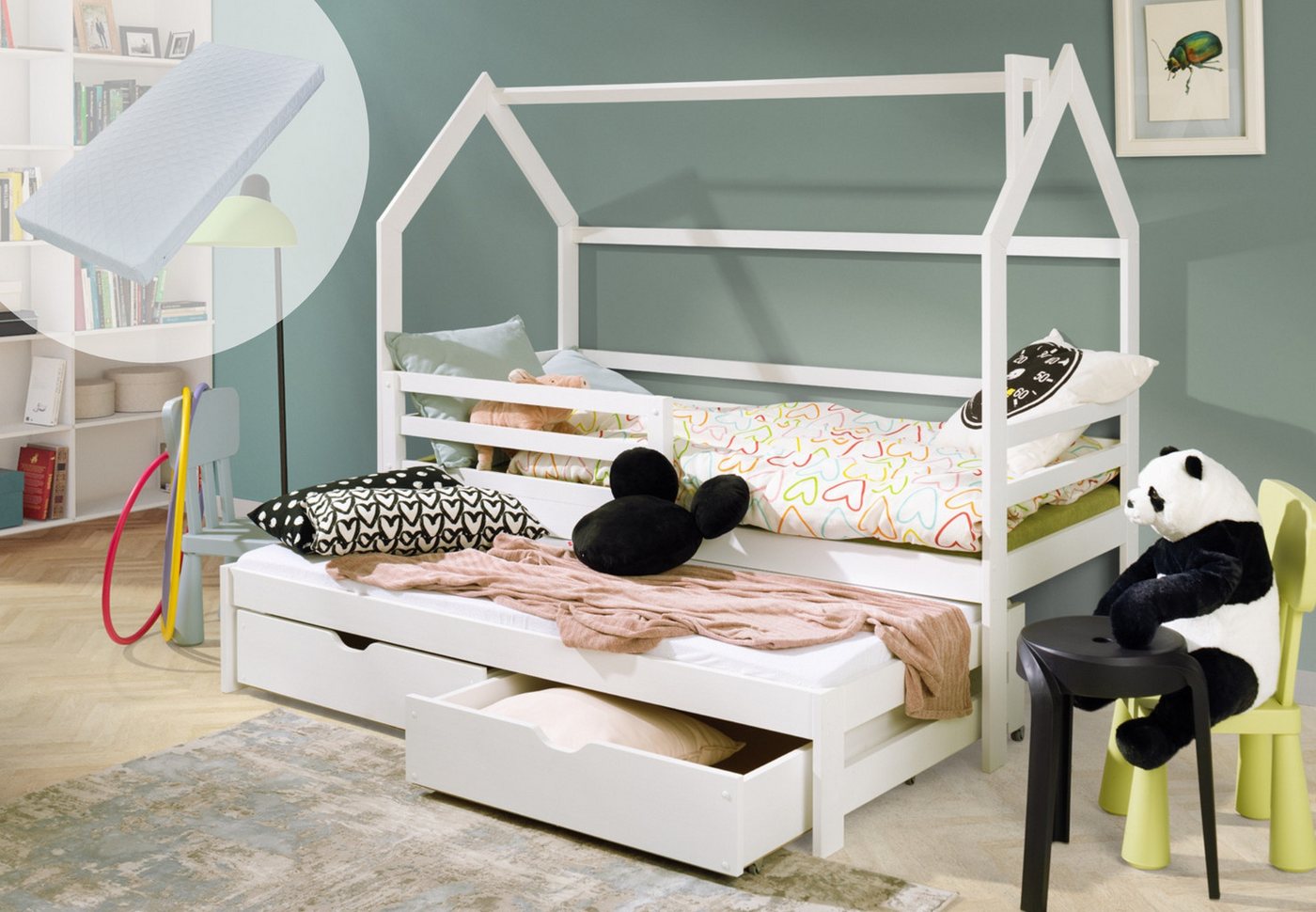 Kids Collective Hausbett 80x160, 90x200 cm Kinderbett mit Ausziehbett, Lattenrost 2 Schubladen (Bed Kinder Jugendbett Einzelbett weiß Holz massiv Junge Mädchen), mit 2 Matratzen, Rausfallschutz Spielbett mit Dach Himmel 90x200 cm von Kids Collective