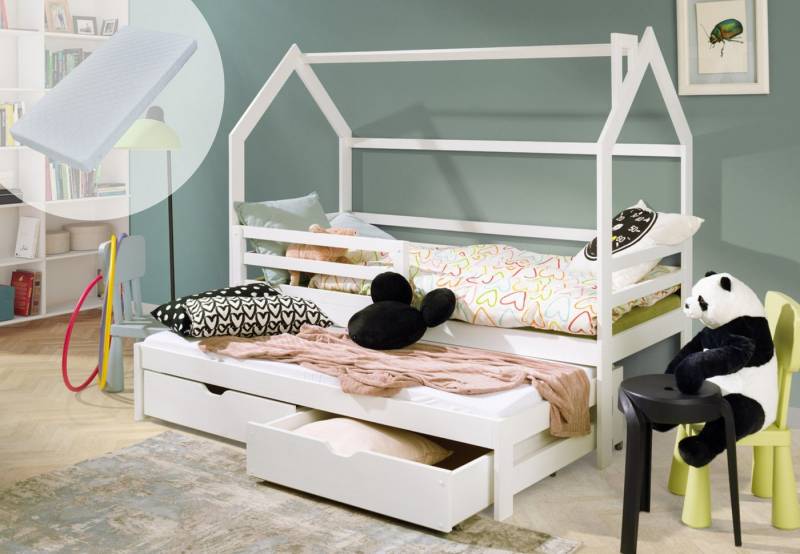 Kids Collective Hausbett 80x160, 90x200 cm Kinderbett mit Ausziehbett, Lattenrost 2 Schubladen (Bed Kinder Jugendbett Einzelbett weiß Holz massiv Junge Mädchen), mit 2 Matratzen, Rausfallschutz Spielbett mit Dach Himmel 90x200 cm von Kids Collective