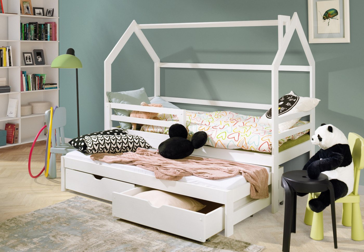 Kids Collective Hausbett 80x160, 90x200 cm Kinderbett mit Ausziehbett, Lattenrost 2 Schubladen (Bed Kinder Jugendbett Einzelbett weiß Holz massiv Junge Mädchen), mit Rausfallschutz Spielbett mit Dach Himmel 90x200 cm von Kids Collective