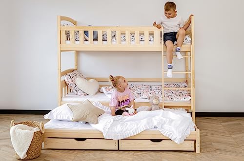 Kids Collective Hochbett 90x200 mit Ausziehbett Etagenbett mit Ausziehfunktion, Zwei Schubladen, Lattenrost, Rausfallschutz, umbaubar in DREI Einzelbetten, Vollholz massiv in Natur von Kids Collective