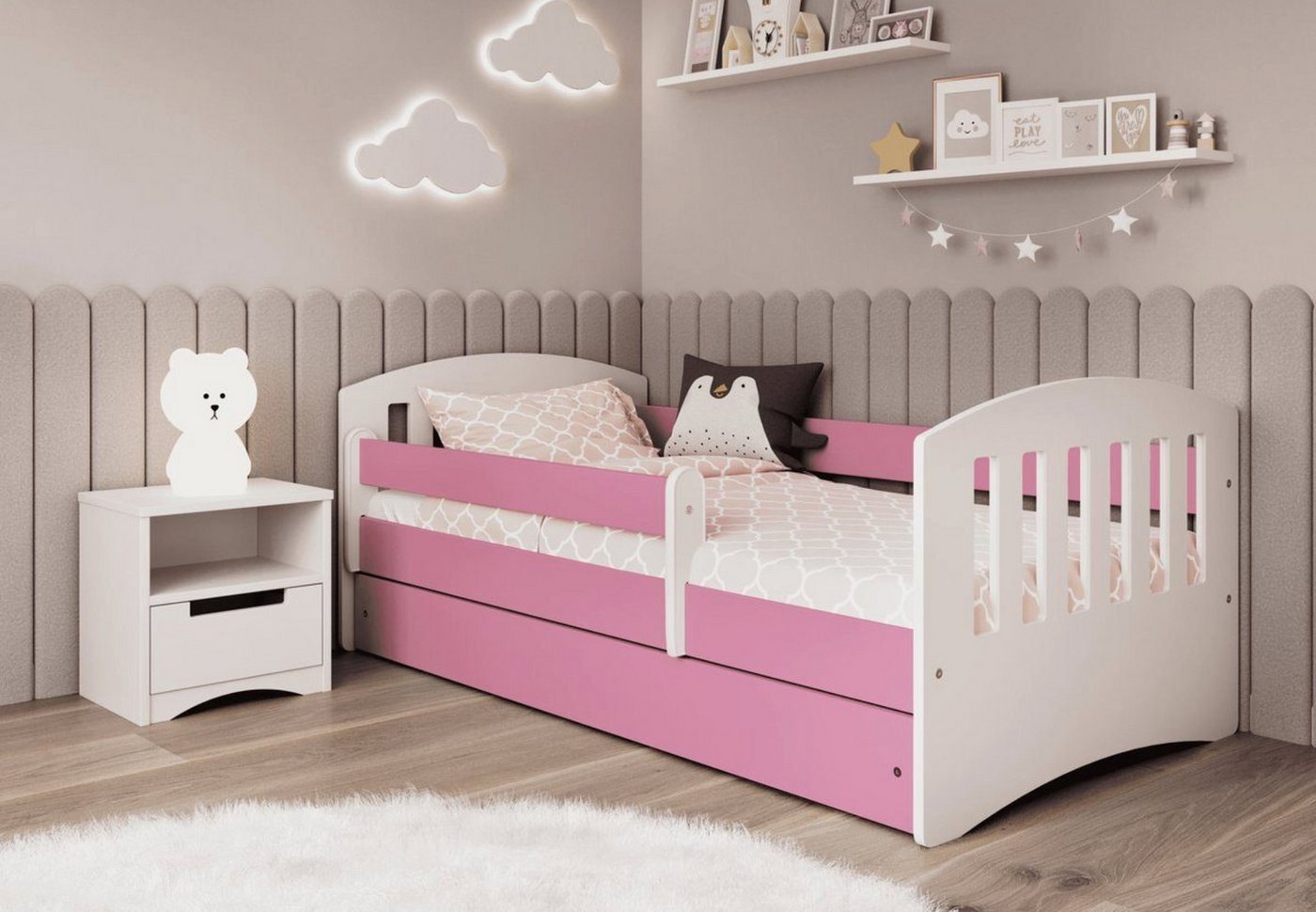 Kids Collective Kinderbett 160x80 180x80 mit Matratze, Rausfallschutz, Lattenrost & Schublade, 80x160 cm, in pink, Mädchen Jungen Bett Jugendbett von Kids Collective