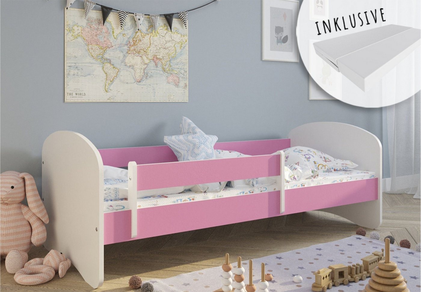 Kids Collective Kinderbett 70x140 80x160 80x180 mit Matratze, Rausfallschutz und Lattenrost, Mädchen Jungen Bett Skandi, 140x70, pink, Schublade optional von Kids Collective