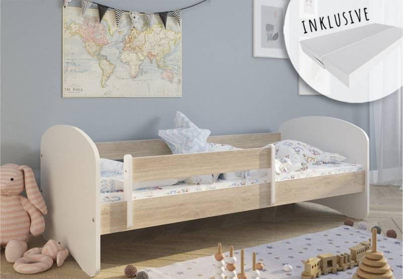 Kids Collective Kinderbett 70x140 80x160 80x180 mit Matratze, Rausfallschutz und Lattenrost, Mädchen Jungen Bett Skandi, 160x80, natur, Schublade optional von Kids Collective