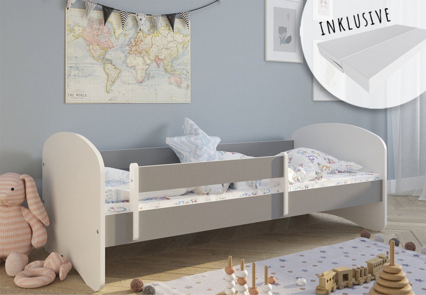 Kids Collective Kinderbett 70x140 80x160 80x180 mit Matratze, Rausfallschutz und Lattenrost, Mädchen Jungen Bett Skandi, 180x80, grau, Schublade optional von Kids Collective