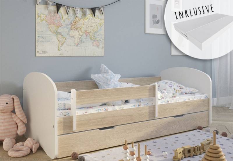 Kids Collective Kinderbett 70x140 80x160 80x180 mit Matratze, Rausfallschutz und Lattenrost, mit Schublade, Mädchen Jungen Bett Skandi, 160x80, natur von Kids Collective