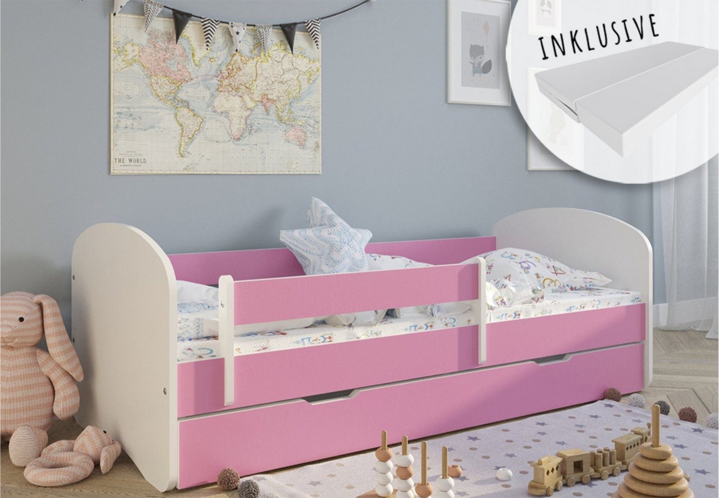 Kids Collective Kinderbett 70x140 80x160 80x180 mit Matratze, Rausfallschutz und Lattenrost, mit Schublade, Mädchen Jungen Bett Skandi, 160x80, pink von Kids Collective