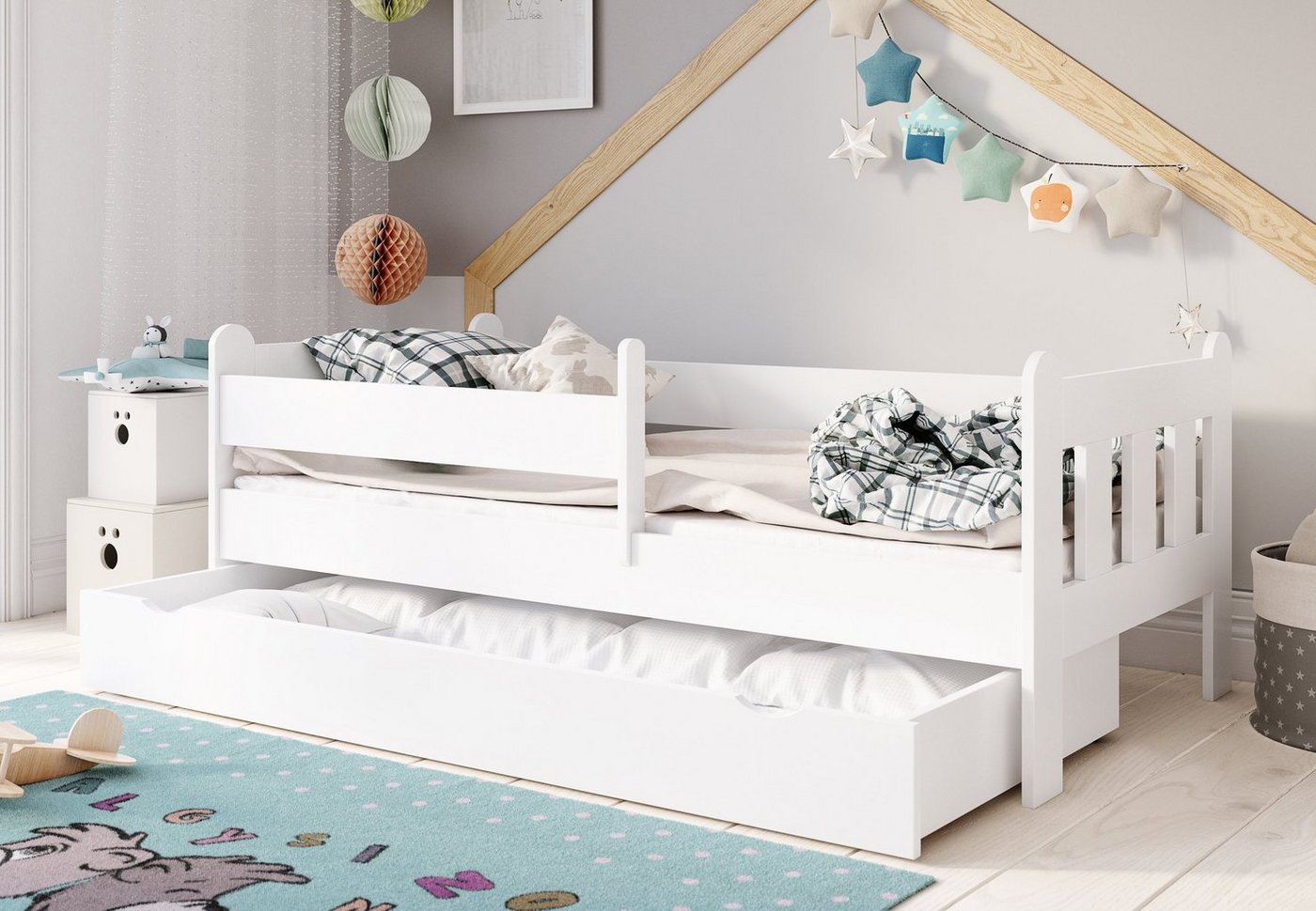 Kids Collective Kinderbett 80x160, 80x180, 90x200 cm mit Schublade, Rausfallschutz & Lattenrost, in weiß 180 x 80 Mädchen Jungen Bett, optional mit Matratze von Kids Collective