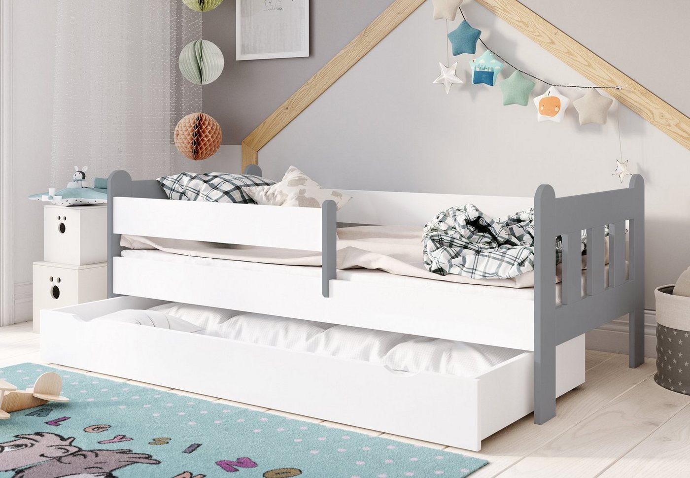 Kids Collective Kinderbett 80x160, 80x180, 90x200 cm mit Schublade, Rausfallschutz & Lattenrost, in weiß grau 180 x 80 Mädchen Jungen Bett, optional mit Matratze von Kids Collective