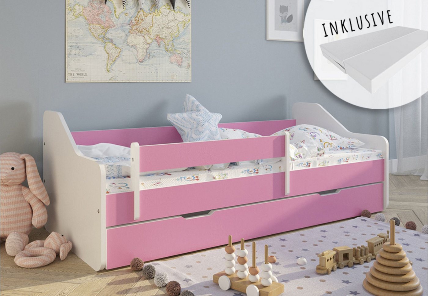 Kids Collective Kinderbett 80x160 80x180 mit Matratze, Rausfallschutz & Lattenrost, Mädchen Jungen Bett, mit Schublade, 180x80 cm, in pink von Kids Collective