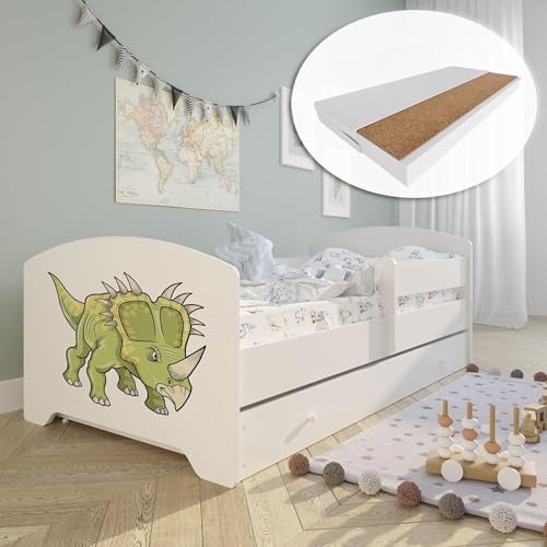 Kids Collective Kinderbett 80x160 cm mit Matratze und Schublade, Rausfallschutz & Lattenrost in weiß mit Dinosaurier Motiv II Komplettbett Jugendbett Einzelbett Holz von Kids Collective