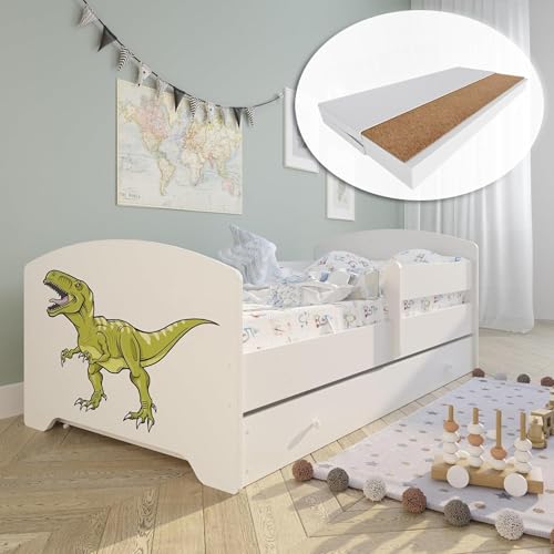 Kids Collective Kinderbett 80x160 cm mit Matratze und Schublade, Rausfallschutz & Lattenrost in weiß mit Dinosaurier Motiv V Komplettbett Jugendbett Einzelbett Holz von Kids Collective
