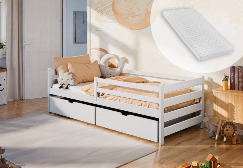 Kids Collective Kinderbett 90x200 cm mit zwei Schubladen, Rausfallschutz und Lattenrost (Kinderbett Doppelbett Funktionsbett), Vollholz massiv in weiss, mit Matratze von Kids Collective