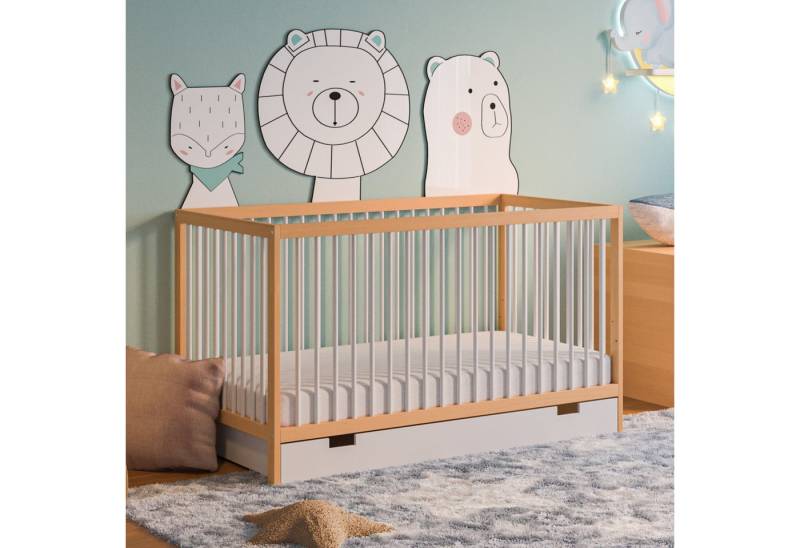 Kids Collective Kinderbett Babybett Gitterbett 60x120 und 70x140 cm höhenverstellbar, mit Schublade und Matratze Natur mix Weiß 60x120 cm von Kids Collective