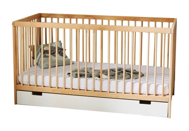 Kids Collective Kinderbett Babybett Gitterbett 60x120 und 70x140 cm höhenverstellbar, mit Schublade & Matratze natur 70x140 cm von Geburt bis 6. Lebensjahr von Kids Collective