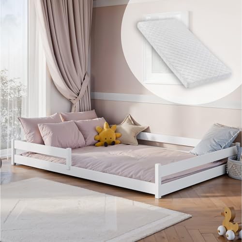 Kids Collective Kinderbett Bodenbett 140x200 cm mit Rausfallschutz & Lattenrost Montessori Bett Bed Gitterbett Kinder Jugendbett Einzelbe inklusive Matratze | weiß von Kids Collective