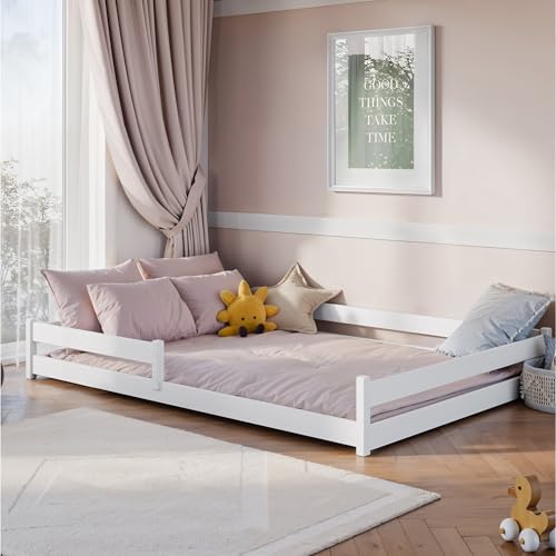 Kids Collective Kinderbett Bodenbett 140x200 cm mit Rausfallschutz & Lattenrost Montessori Bett Bed Gitterbett Kinder Jugendbett Einzelbett optional mit Matratze | weiß von Kids Collective