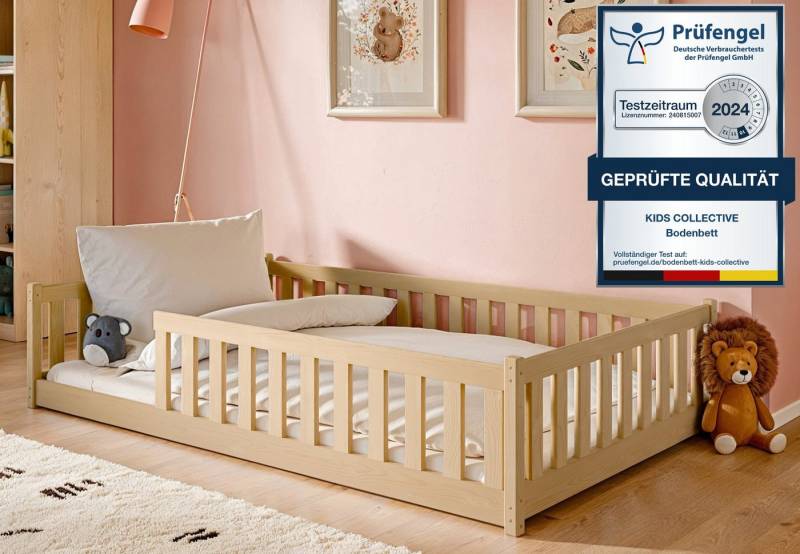 Kids Collective Kinderbett Bodenbett Bett mit Rausfallschutz & Lattenrost Montessori Bett Kinder (Jungen, Mädchen, Kinder, weitere Größen 80x160, 90x200, 140x200 cm), Gitterbett Jugendbett natur Holz massiv Junge Mädchen 120x200cm von Kids Collective