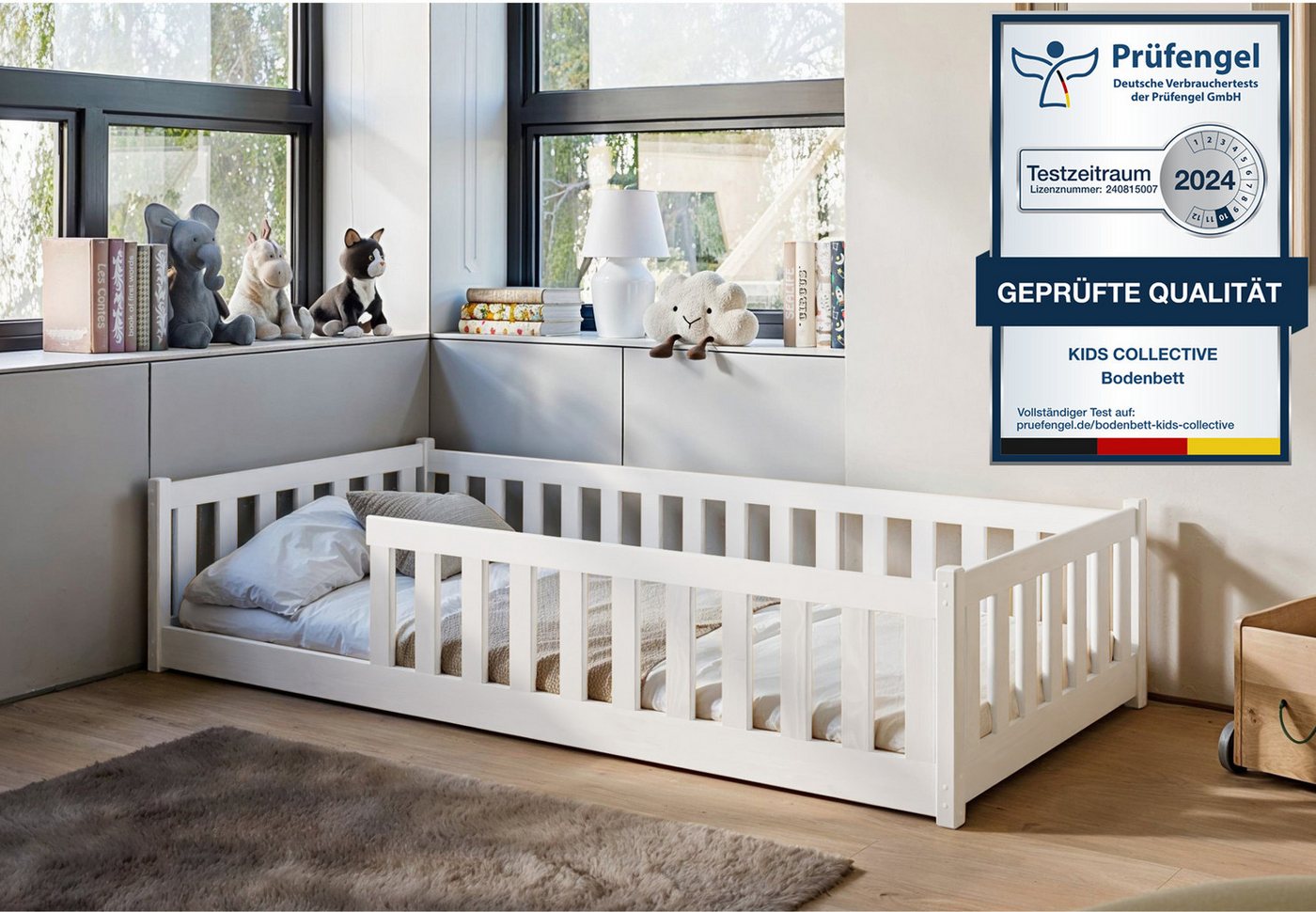Kids Collective Kinderbett Bodenbett Bett mit Rausfallschutz & Lattenrost Montessori Bett Kinder (Jungen, Mädchen, Kinder, weitere Größen 80x160, 120x200, 140x200 cm), Jugendbett Einzelbett optional mit Matratze, weiß Kiefer 90 x 200 cm von Kids Collective