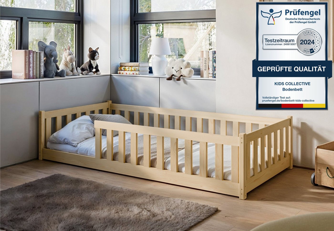 Kids Collective Kinderbett Bodenbett Bett mit Rausfallschutz & Lattenrost Montessori Bett Kinder (weitere Größen 80x160, 90x200, 120x200, 140x200 cm), Jugendbett Einzelbett mit Matratze, natur Kiefer 80 x 180 cm von Kids Collective