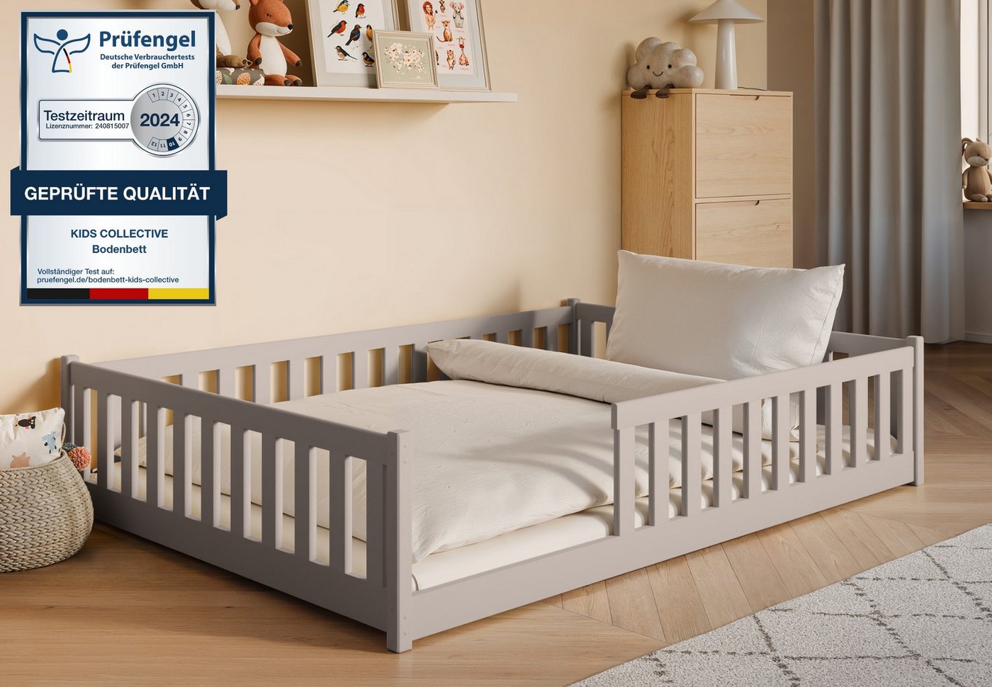Kids Collective Kinderbett Bodenbett Bett mit Rausfallschutz & Lattenrost Montessori Bett Kinder (Jungen, Mädchen, Kinder, weitere Größen 80x160, 80x180, 90x190, 90x200, 120x200 cm), Jugendbett Einzelbett mit Matratze Kaschmir Kiefer 140x200 cm von Kids Collective