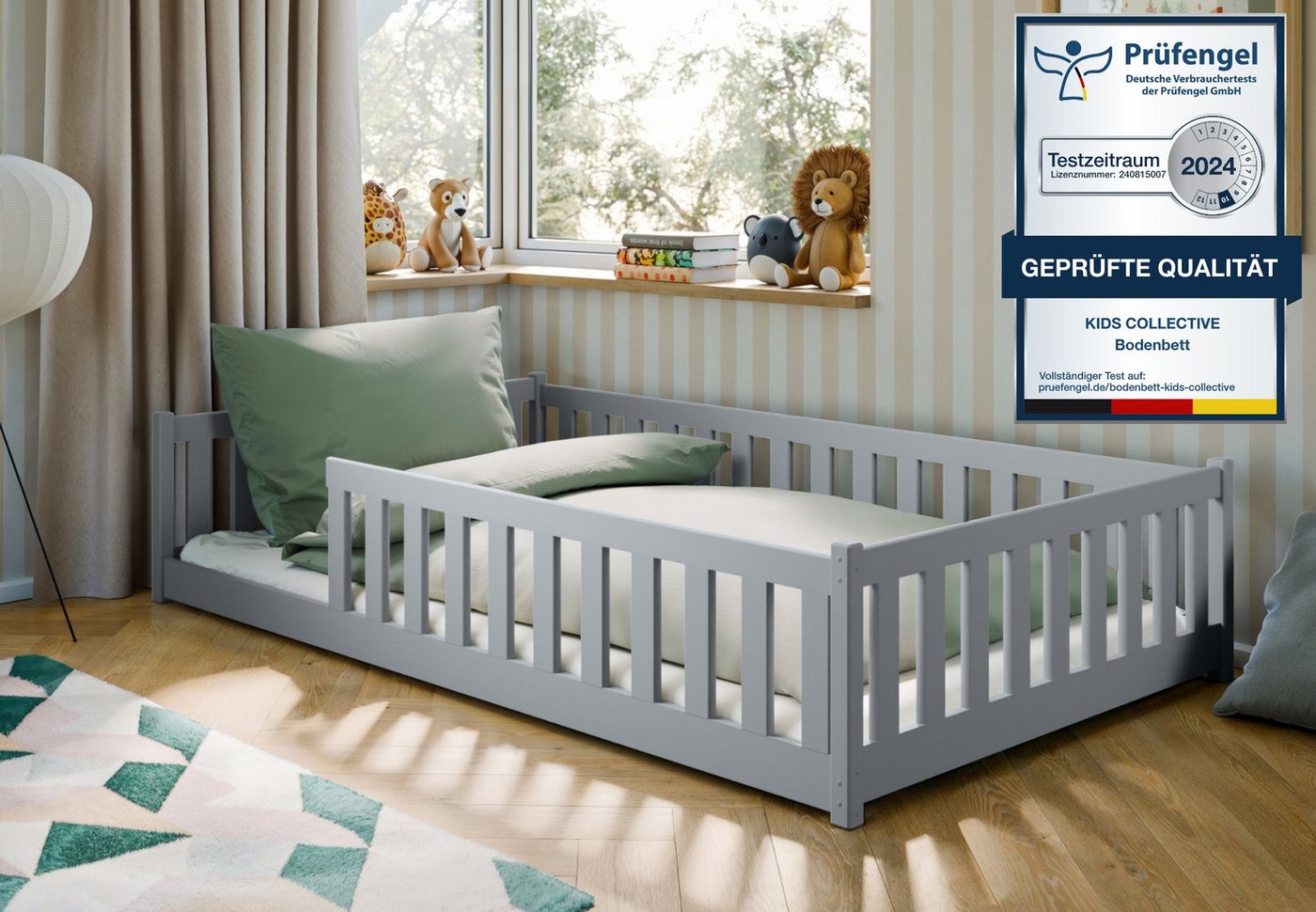 Kids Collective Kinderbett Bodenbett Bett mit Rausfallschutz & Lattenrost Montessori Bett Kinder (Jungen, Mädchen, Kinder, weitere Größen 80x160, 80x180, 90x190, 90x200, 140x200 cm), Jugendbett Einzelbett mit Matratze Aschgrau Kiefer 120x200 cm von Kids Collective