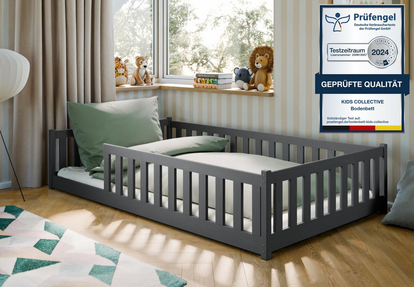 Kids Collective Kinderbett Bodenbett Bett mit Rausfallschutz & Lattenrost Montessori Bett Kinder (Jungen, Mädchen, Kinder, weitere Größen 80x160, 80x180, 90x190, 90x200, 140x200 cm), Jugendbett Einzelbett mit Matratze Graphit Kiefer 120x200 cm von Kids Collective