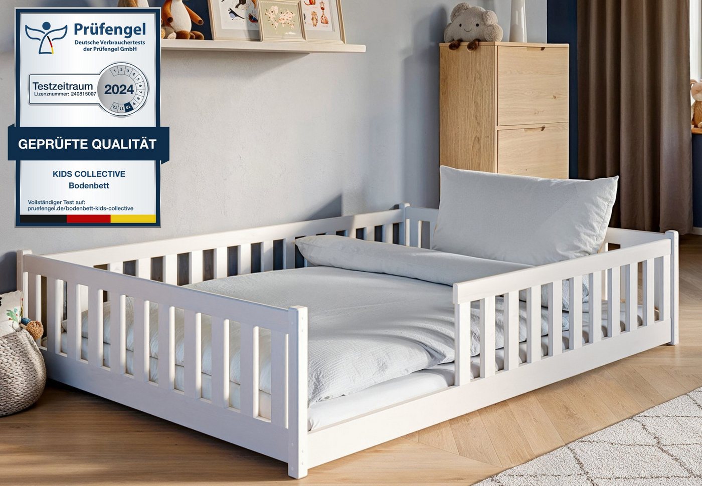 Kids Collective Kinderbett Bodenbett Bett mit Rausfallschutz & Lattenrost Montessori Bett Kinder (Jungen, Mädchen, Kinder, weitere Größen 80x160, 90x200, 140x200 cm), Gitterbett Jugendbett weiß mit Matratze Junge Mädchen 140x200cm von Kids Collective