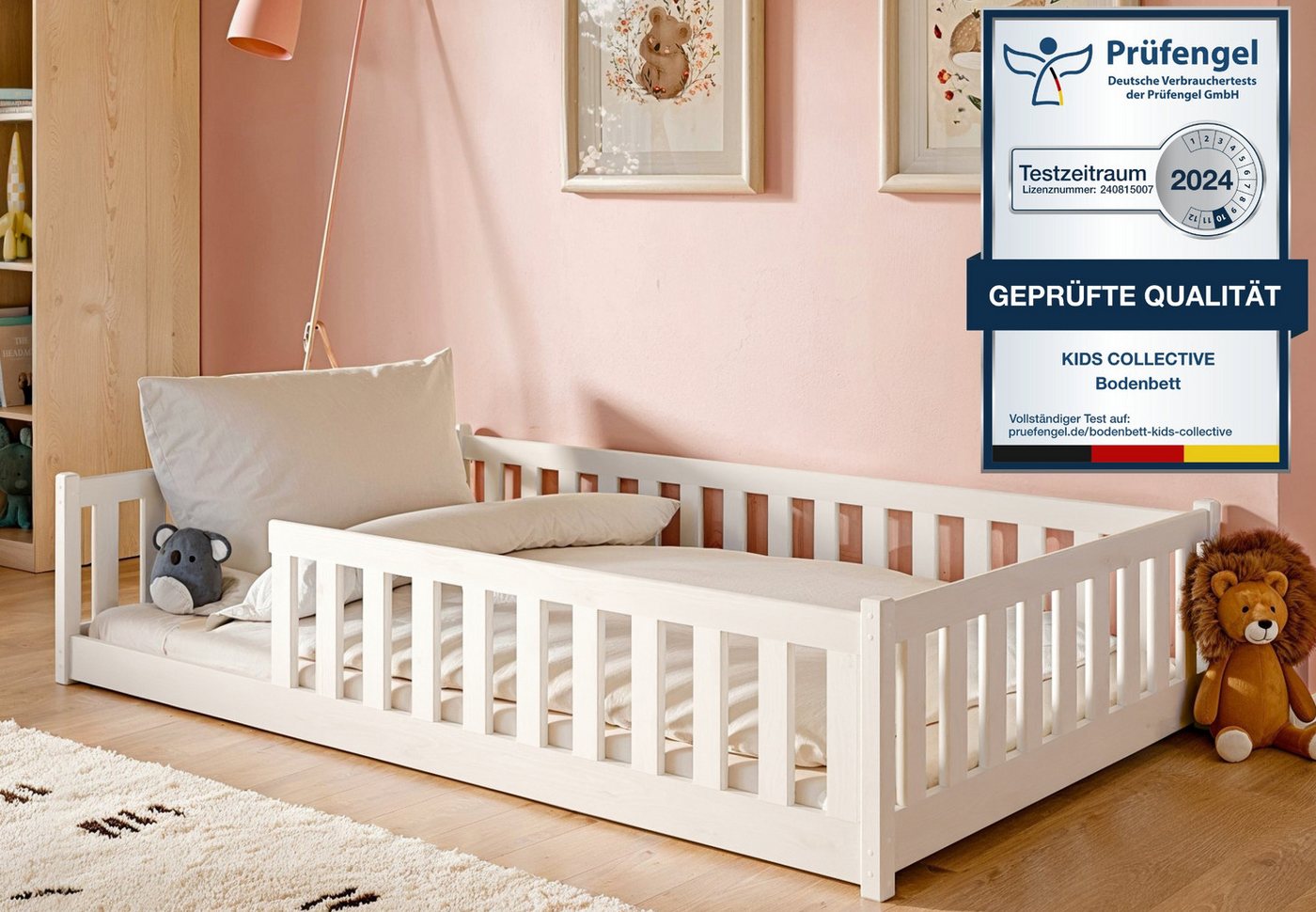 Kids Collective Kinderbett Bodenbett Bett mit Rausfallschutz & Lattenrost Montessori Bett Kinder (Jungen, Mädchen, Kinder, weitere Größen 80x160, 90x200, 140x200 cm), Gitterbett Jugendbett weiß mit Matratze Junge Mädchen 120x200cm von Kids Collective